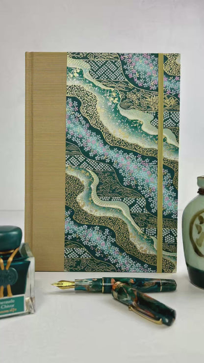 A5 160-page Hardcover Journal finished in Soft Gold Japanese book cloth and Floral Chiyogami Paper