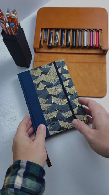 A5 160-page Hardcover Notebook in luxurious Blue Mohair Japanese Bookcloth and Golden Peaks on Blue and Black Chiyogami Japanese Paper