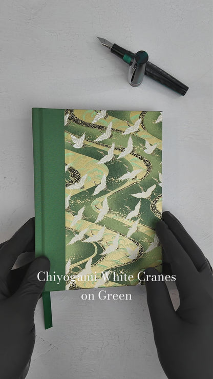 NEW A5 128-page Hardcover Notebook - White Cranes on Green Chiyogami Paper