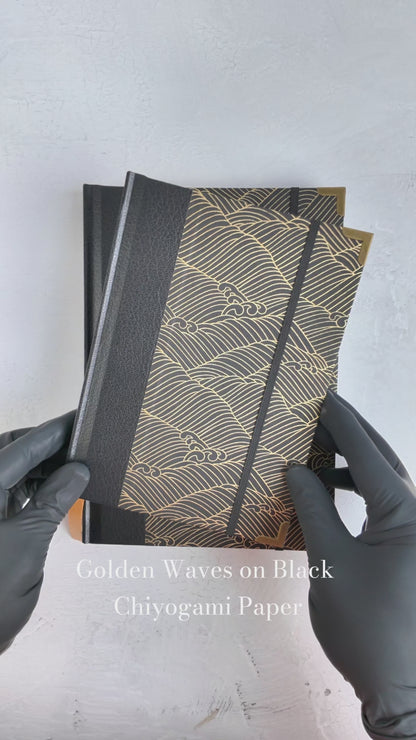 NEW B5 192-page Hardcover Journal finished in black faux leather with gold waves on black Chiyogami Paper