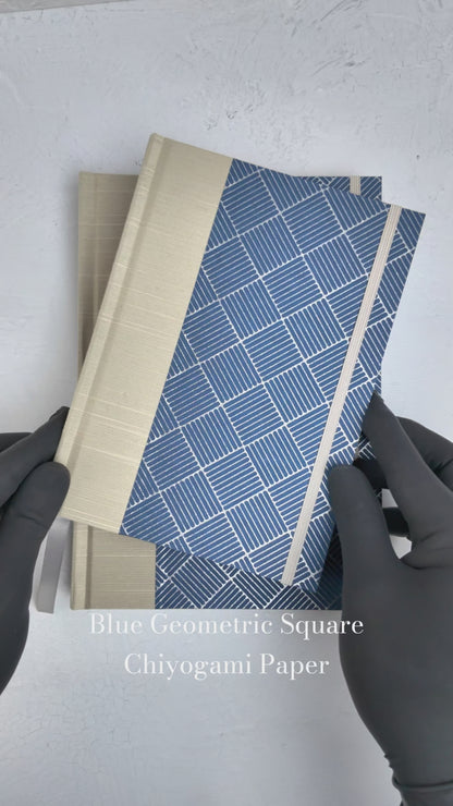 NEW B5 192-page Hardcover Journal finished in Platinum Japanese book cloth and blue/silver square Chiyogami Paper