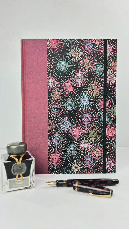 (JANUARY 2026 DELIVERY) B5 Hardcover Notebook finished in Rust Blue Japanese book cloth and Chiyogami Fireworks on Black