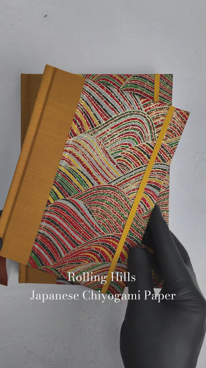 PRE-ORDER NEW A5 160-page Hardcover Journal finished in Ochre Japanese book cloth and Rolling Hills Chiyogami Paper