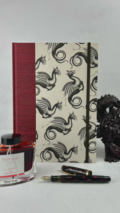 NEW A5 Hardcover Notebook finished in Blood Red Japanese book cloth and Italian Medieval Letterpress Dragons Paper