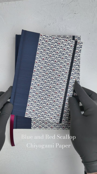 NEW B5 192-page Hardcover Journal finished in Cadet Blue Japanese book cloth and a scallop Chiyogami Paper
