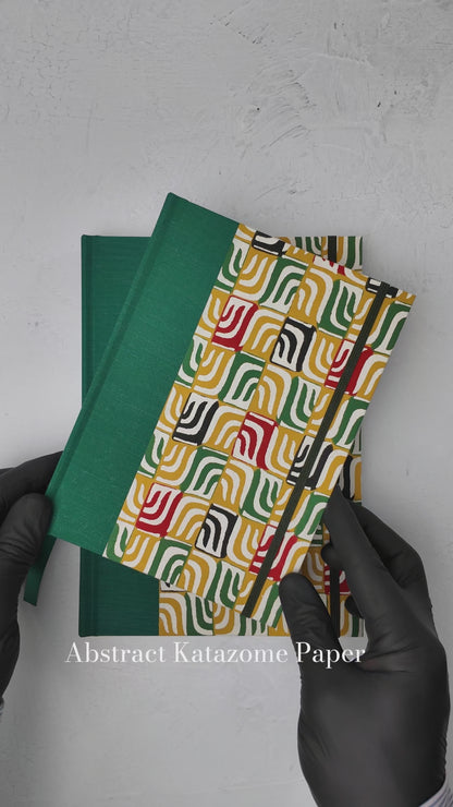 NEW A5 160-page Hardcover Journal finished in Green Mohair Japanese book cloth and abstract Katazome Paper