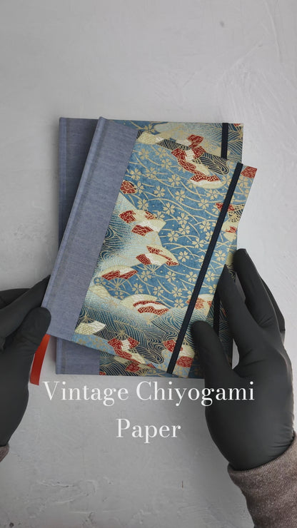 WABI-SABI B5 192-page Hardcover Journal finished in Steel Blue Japanese book cloth and vintage Chiyogami Paper