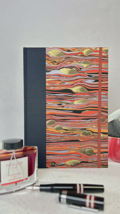 A5 Hardcover Notebook finished in Black Japanese book cloth and Renato Crepaldi hand marbled paper