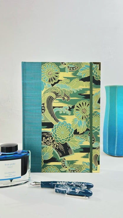 B5 Hardcover Notebook finished in Marine Blue Japanese book cloth and bold botanical Chiyogami Paper