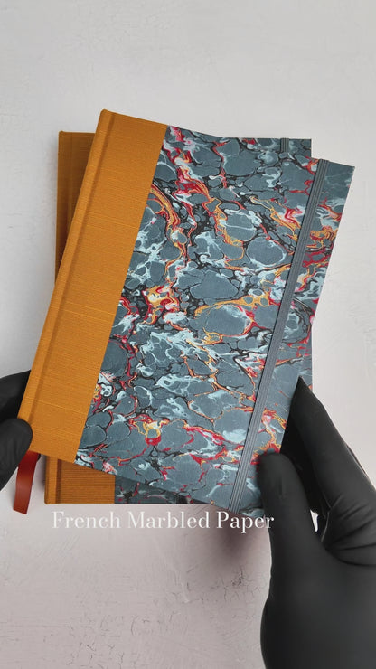 NEW A5 160-page Hardcover Journal finished in Ochre Japanese book cloth and French Marble Paper