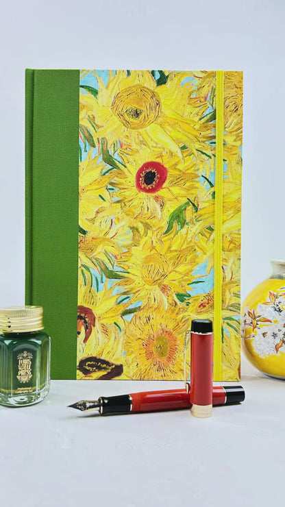 A5 160-page Hardcover Journal finished in Lemon Grass Green Verona book cloth and Sunflowers by Vincent Van Gogh