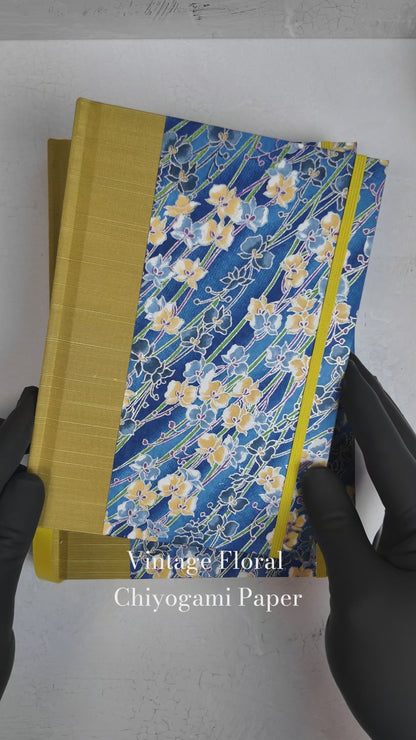 NEW A5 160-page Hardcover Journal finished in Yellow Gold and Vintage Chiyogami Floral Paper