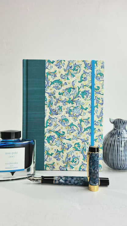 A5 160-page Hardcover Journal finished in Marine Blue Japanese book cloth and blue paisley Florentine Italian print