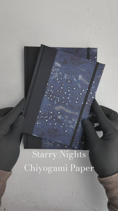 A5 160-page Hardcover Journal in finished Black Japanese book cloth and dark blue Chiyogami Paper