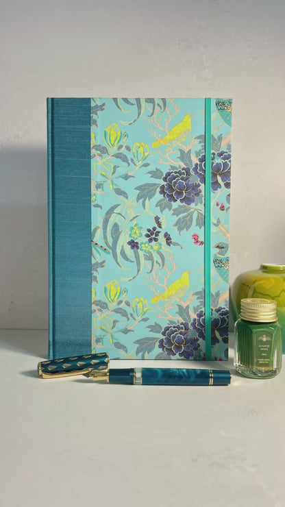 B5 Hardcover Notebook finished in Marine Blue Japanese book cloth and Matthew Williamson Magnolia print