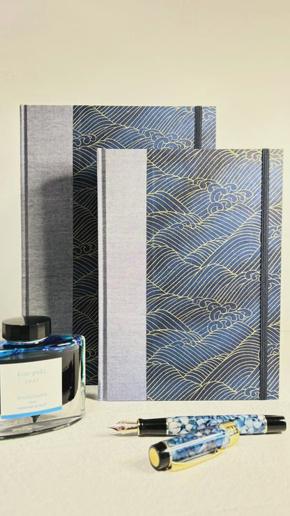 (PRE-ORDER October Delivery) A5 Hardcover Notebook finished in Golden Waves on Blue Chiyogami Paper