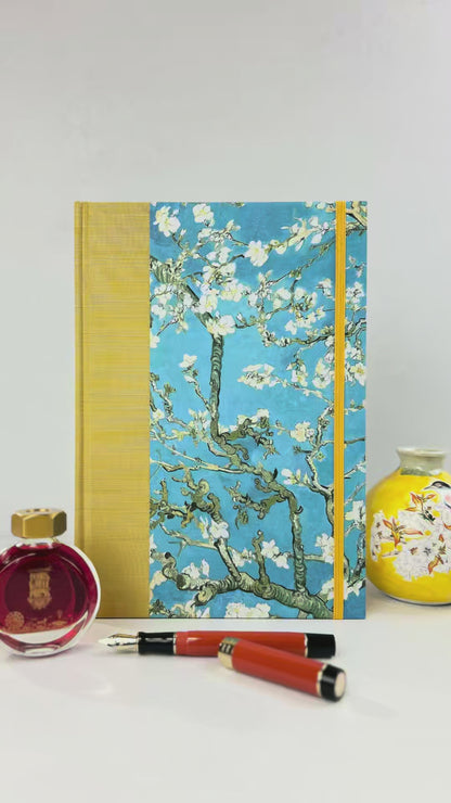 A5 Hardcover Notebook finished in Yellow Gold Japanese book cloth and Vincent Van Gogh Almond Blossoms