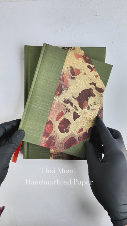 NEW A5 160-page Hardcover Journal finished in Olive Green Japanese book cloth and hand marbled Thai Momi Paper