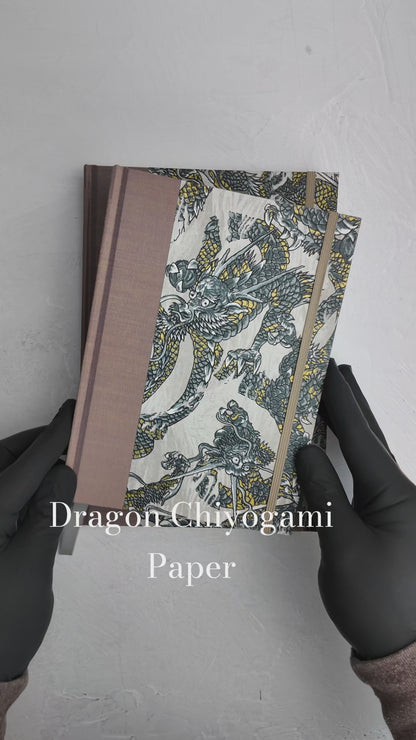 A5 160-page Hardcover Journal finished in Bronze Japanese book cloth and Dragon Chiyogami Paper