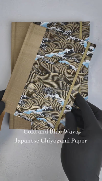 PRE-ORDER NEW A5 160-page Hardcover Journal finished in Soft Gold and Gold and Blue Waves Chiyogami Paper