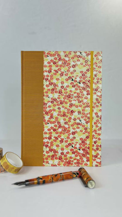 NEW A5 Hardcover Notebook finished in Ochre Japanese book cloth and Fall leaves Chiyogami Paper