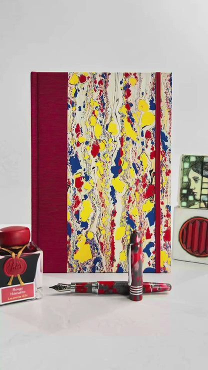 B5 192-page Hardcover Journal finished in Cardinal Red Japanese book cloth and Italian hand-marbled paper by Renato Crepaldi