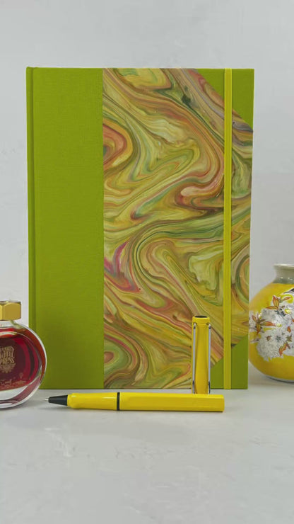 B5 192-page Hardcover Journal finished in Lemon Grass Verona book cloth and yellow/green French Marble Paper