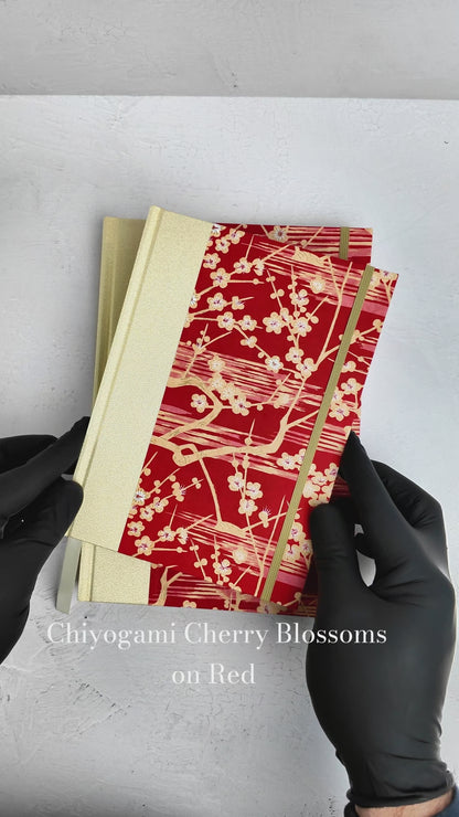 B5 192-page Hardcover Journal finished in Butter-Yellow Japanese Bookcloth and Red/Orange Chiyogami Paper