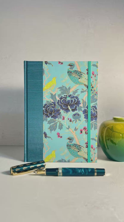 A5 Hardcover Notebook finished in Marine Blue Japanese book cloth and Matthew Williamson Magnolia print