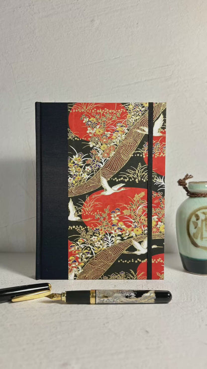 B5 Hardcover Notebook finished in Black Japanese Book cloth and Bronze and Gold Chiyogami Paper