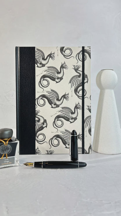 A5 160-page Hardcover Journal finished in Black Vaux Leather and Italian Letterpress dragon design