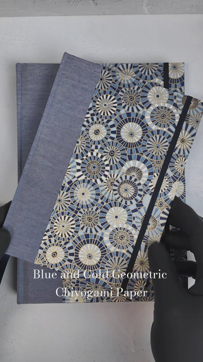 NEW A5 160-page Hardcover Journal finished in Steel-Blue and Blue Gold Geometric Chiyogami Paper