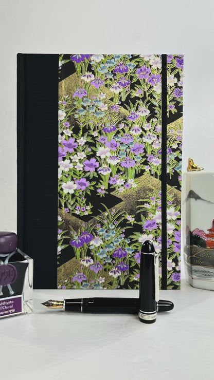 A5 160-page Hardcover Journal finished in black Japanese book cloth and purple wild flower Chiyogami paper