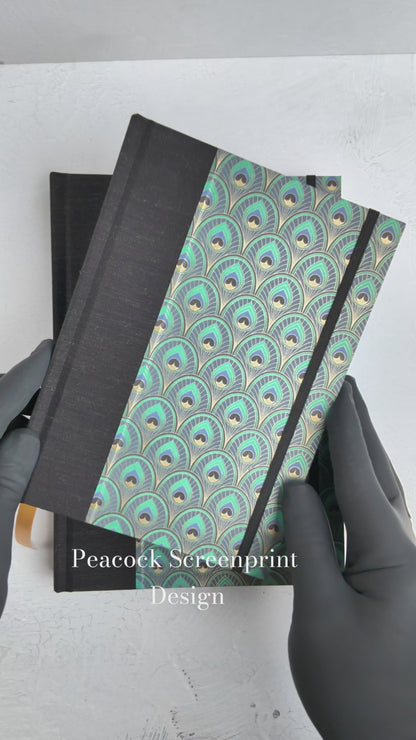 NEW A5 160-page Hardcover Journal finished in Black Mohair Japanese book cloth and a silk screened peacock paper