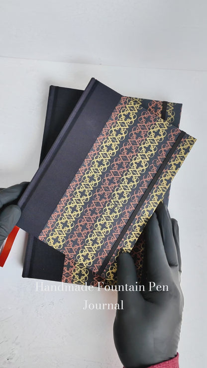NEW A5 160-page Hardcover Journal finished in Black Japanese book cloth and Vintage Katazome-shi Paper in Gold and Bronze