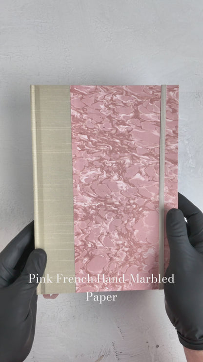 NEW B5 192-page Hardcover Journal finished in platinum Japanese book cloth and pink French marble paper
