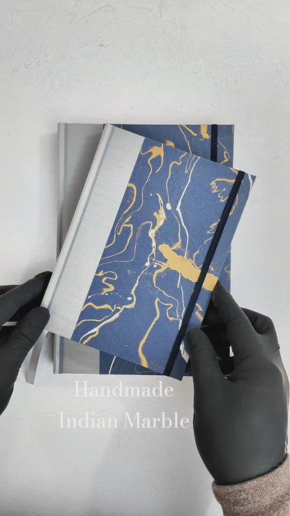 A5 160-page Hardcover Journal finished in Blue/Silver Japanese book cloth and hand marbled Indian paper