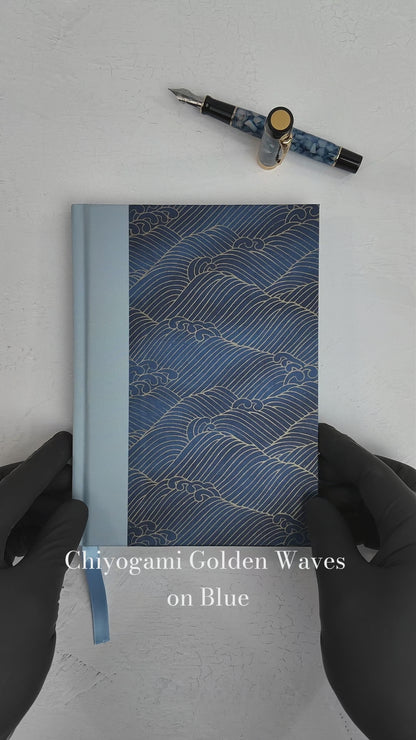 NEW A5 128-page Hardcover Notebook - Golden Waves on Blue Chiyogami Paper