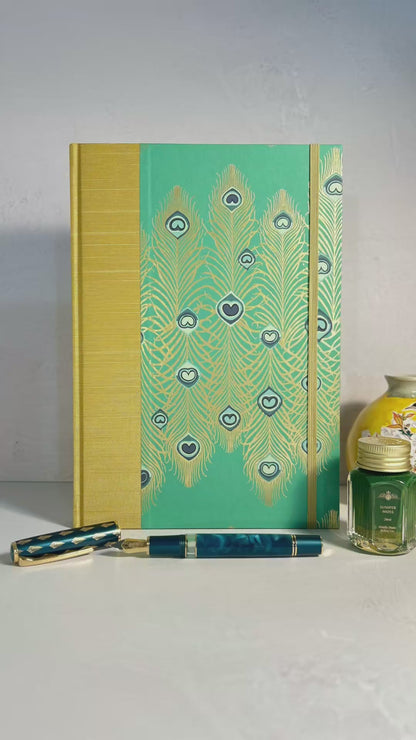 B5 Hardcover Notebook finished in Yellow Gold Japanese Book cloth and Matthew Williamson Peacock print
