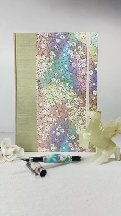 NEW A5 Hardcover Notebook finished in Celery Green Japanese Bookcloth and Rainbow Flowers Chiyogami Paper