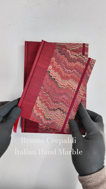 A5 160-page Hardcover Journal finished in Blood Red Japanese book cloth and Renato Crepaldi hand marbled paper