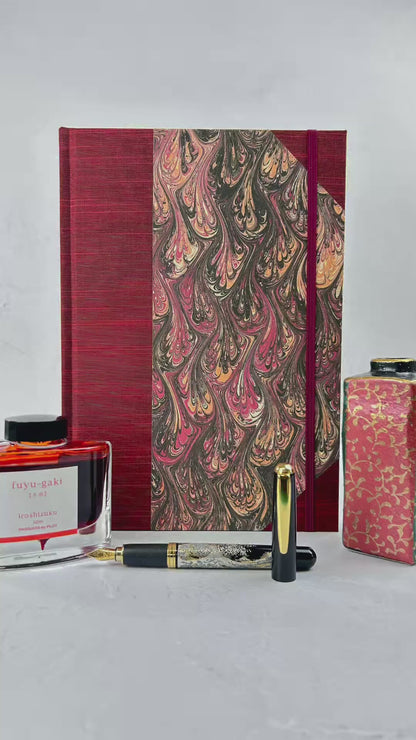 B5 192-page Hardcover Journal finished in Maroon Japanese book cloth and wine/black French Marbled Paper