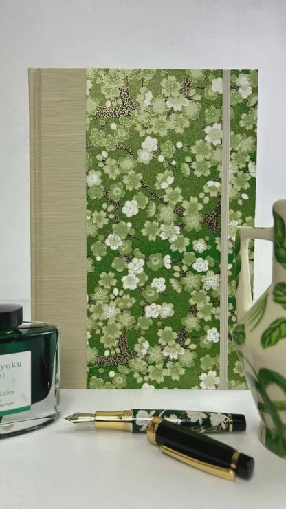 A5 160-page Hardcover Journal finished in Platinum Japanese book cloth and Cherry Blossom Chiyogami Paper