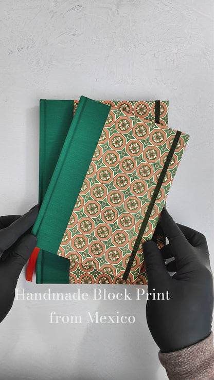 A5 160-page Hardcover Journal finished in Green Mohair Japanese book cloth and Mexican Block Printed Paper