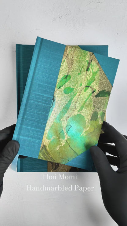 NEW A5 160-page Hardcover Journal finished in Marine Blue Japanese book cloth and hand marbled Thai Momi Paper