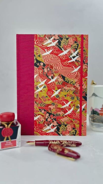 NEW B5 Hardcover Notebook finished in Cardinal Red Japanese book cloth and White Cranes on Red Chiyogami Paper