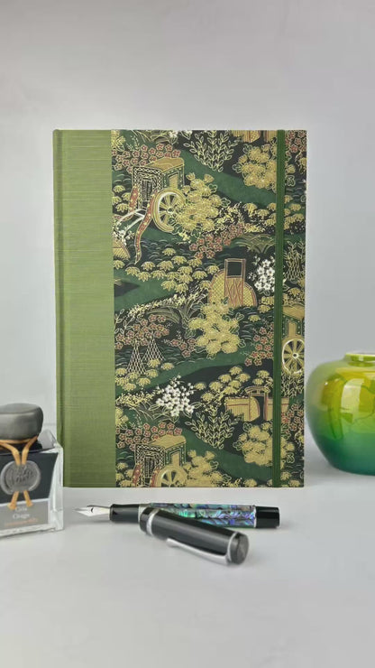 B5 Hardcover Notebook finished in Olive Green Japanese book cloth and Vintage Chiyogami Paper