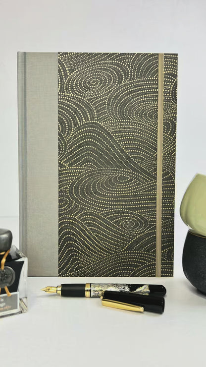 A5 160-page Hardcover Journal finished in Blue Gold Japanese book cloth and Gold on Bronze Chiyogami Decorative Paper
