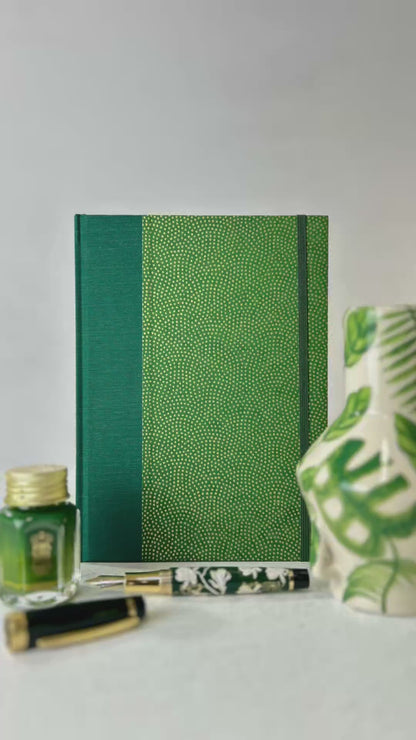 (PRE-ORDER OCTOBER DELIVERY) A5 Hardcover Notebook with Golden Polka Dots on Green Chiyogami Paper