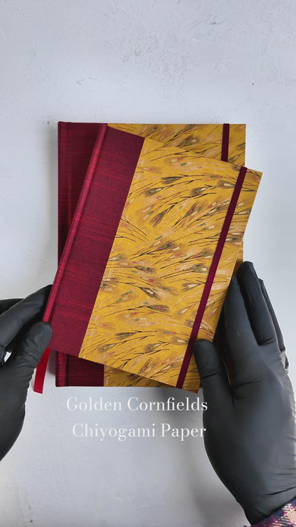 NEW A5 160-page Hardcover Journal finished in Blood Red Japanese book cloth and Golden Cornfields Chiyogami Paper